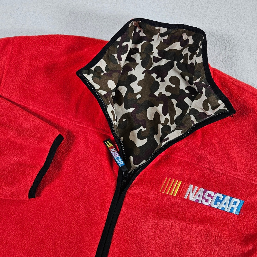 NASCAR Reversible Fleece Jacket Mens XL Red Camo Full Zip Racing Embroidered